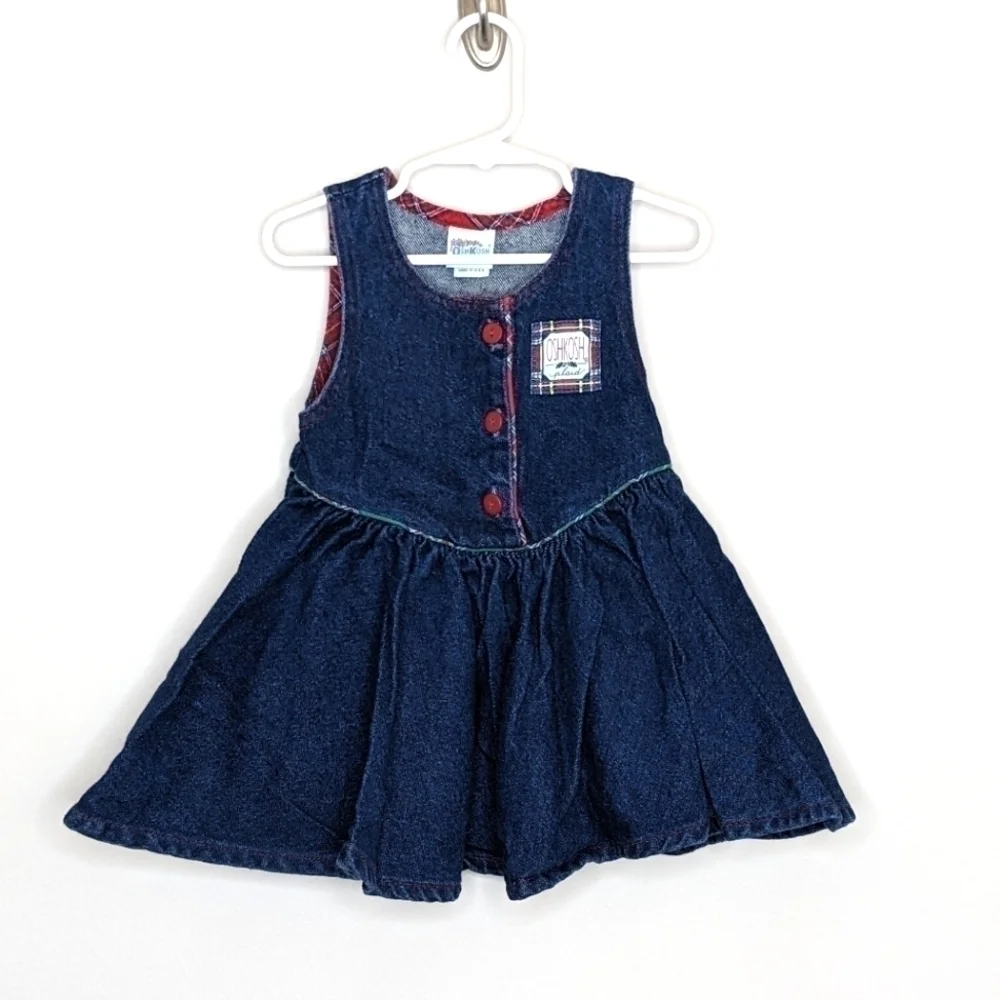 Vintage Oshkosh Plaid Denim Ruffle Full Skirt Jumper Overalls 2T